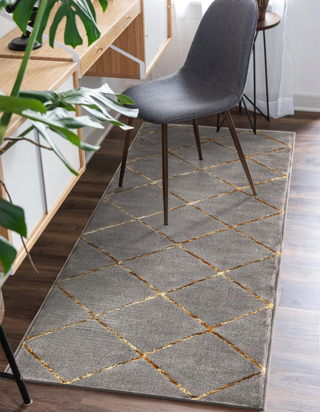 Gray and Gold 2' 7 x 12' Vogue Geo Runner Area Rug Geometric Glam Style Shiny Accents Carpet Mat for Unique Interior Design & Home Decor for Sale at Rug Engine