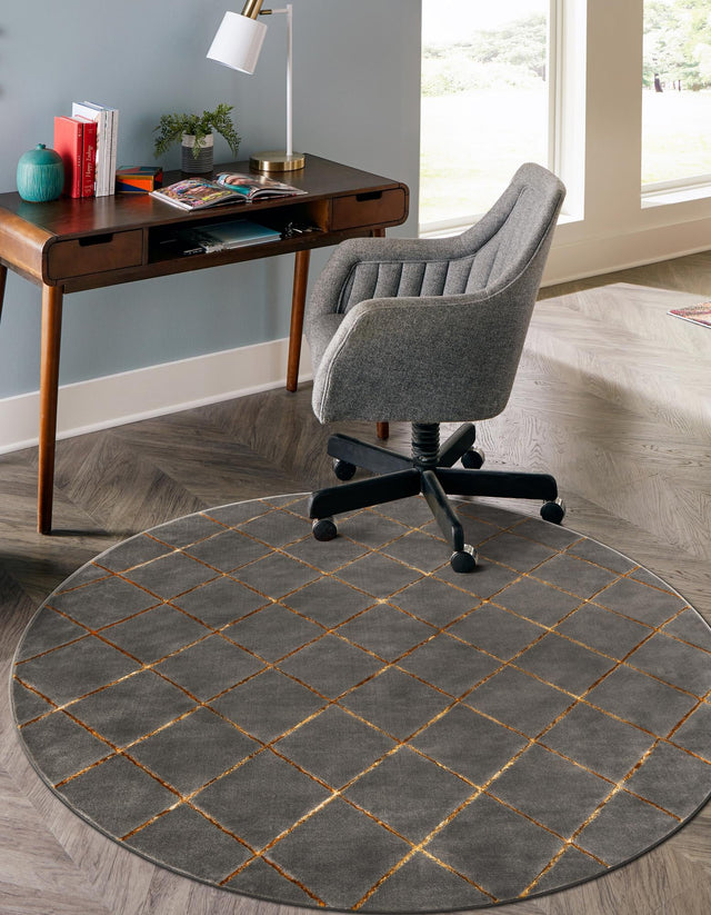 Gray and Gold 7' 10 x 7' 10 Vogue Geo Round Area Rug Geometric Glam Style Shiny Accents Carpet Mat for Unique Interior Design & Home Decor for Sale at Rug Engine