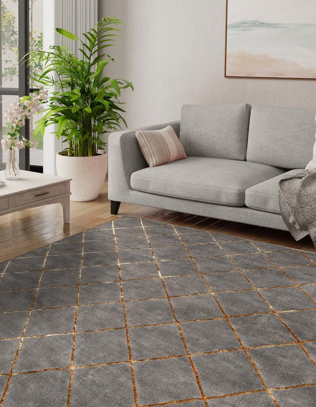 Gray and Gold 10' x 10' Vogue Geo Square Area Rug Geometric Glam Style Shiny Accents Carpet Mat for Unique Interior Design & Home Decor for Sale at Rug Engine