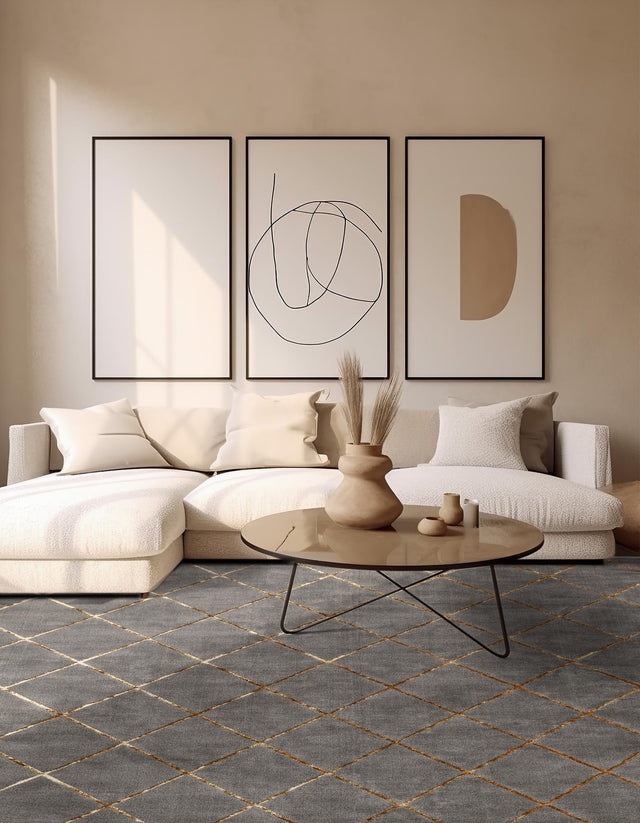Gray and Gold 10' x 10' Vogue Geo Square Area Rug Geometric Glam Style Shiny Accents Carpet Mat for Unique Interior Design & Home Decor for Sale at Rug Engine