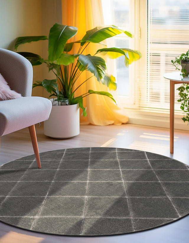 Gray and Silver 7' 10 x 7' 10 Vogue Geo Round Area Rug Geometric Glam Style Shiny Accents Carpet Mat for Unique Interior Design & Home Decor for Sale at Rug Engine