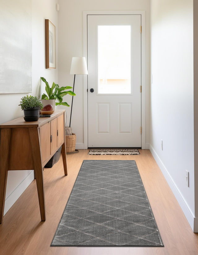 Gray and Silver 2' x 8' Vogue Geo Runner Area Rug Geometric Glam Style Shiny Accents Carpet Mat for Unique Interior Design & Home Decor for Sale at Rug Engine