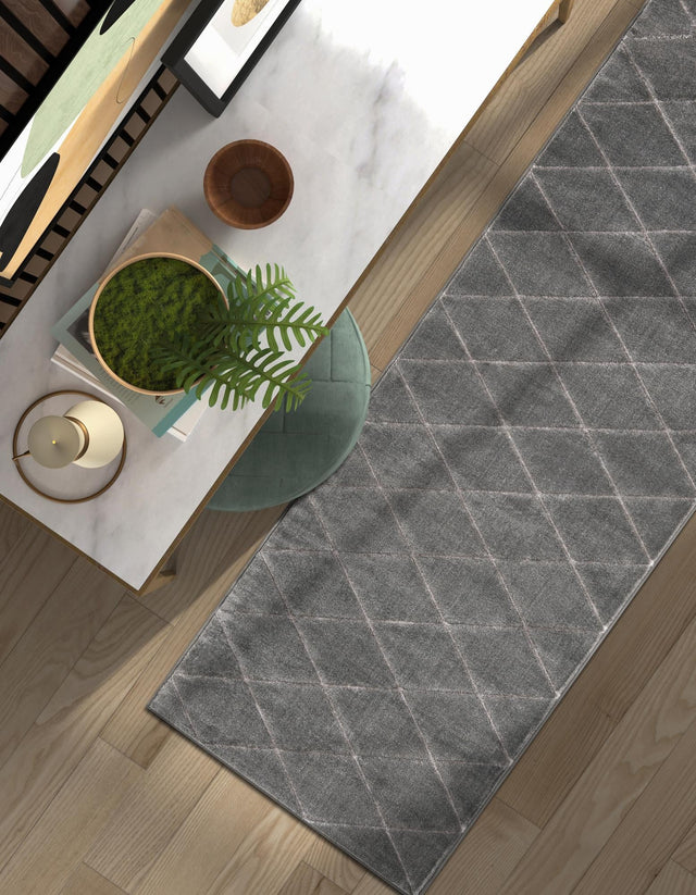 Gray and Silver 2' x 8' Vogue Geo Runner Area Rug Geometric Glam Style Shiny Accents Carpet Mat for Unique Interior Design & Home Decor for Sale at Rug Engine