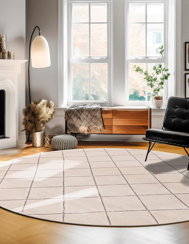 White and Silver 3' 1 x 3' 1 Vogue Geo Round Area Rug Geometric Glam Style Shiny Accents Carpet Mat for Unique Interior Design & Home Decor for Sale at Rug Engine