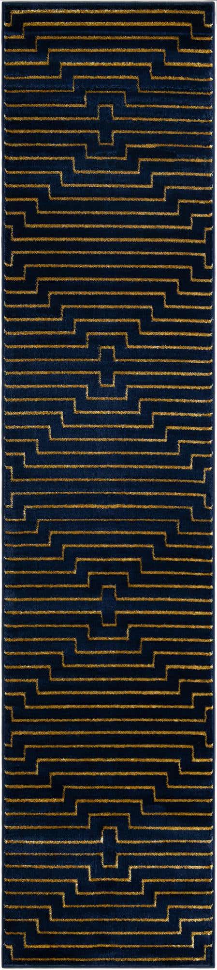 Navy Blue and Gold 2' 7 x 12' Vogue Geo Runner Area Rug Geometric Glam Style Shiny Accents Carpet Mat for Unique Interior Design & Home Decor for Sale at Rug Engine