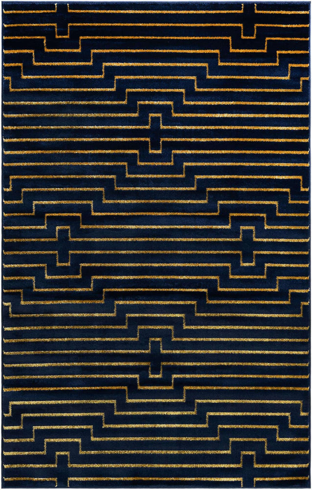 Navy Blue and Gold 5' 3 x 8' Vogue Geo Rectangle Area Rug Geometric Glam Style Shiny Accents Carpet Mat for Unique Interior Design & Home Decor for Sale at Rug Engine