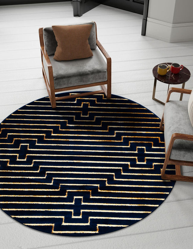 Navy Blue and Gold 3' 1 x 3' 1 Vogue Geo Round Area Rug Geometric Glam Style Shiny Accents Carpet Mat for Unique Interior Design & Home Decor for Sale at Rug Engine