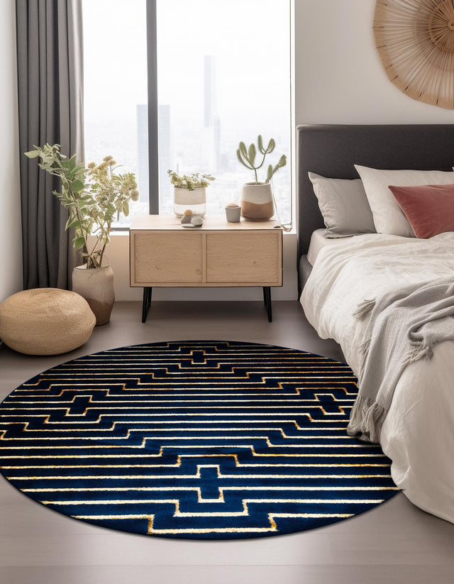 Navy Blue and Gold 10' x 10' Vogue Geo Round Area Rug Geometric Glam Style Shiny Accents Carpet Mat for Unique Interior Design & Home Decor for Sale at Rug Engine