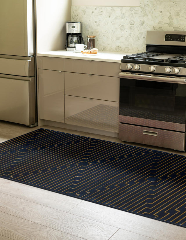 Navy Blue and Gold 2' x 5' 1 Vogue Geo Runner Area Rug Geometric Glam Style Shiny Accents Carpet Mat for Unique Interior Design & Home Decor for Sale at Rug Engine