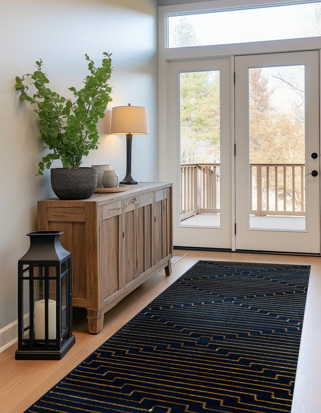Navy Blue and Gold 2' x 5' 1 Vogue Geo Runner Area Rug Geometric Glam Style Shiny Accents Carpet Mat for Unique Interior Design & Home Decor for Sale at Rug Engine