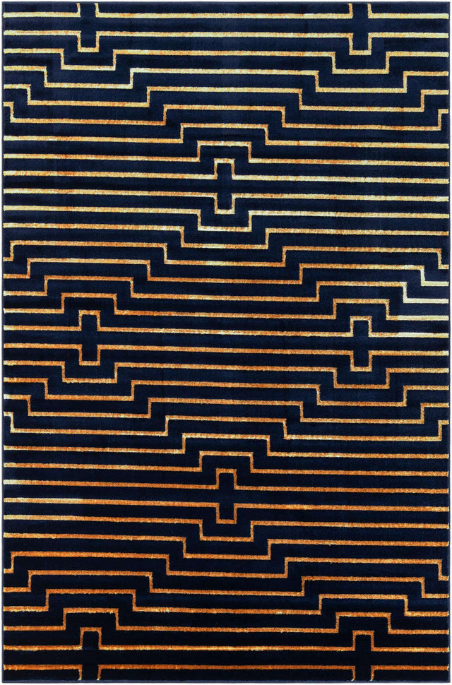 Navy Blue and Gold 6' 1 x 9' Vogue Geo Rectangle Area Rug Geometric Glam Style Shiny Accents Carpet Mat for Unique Interior Design & Home Decor for Sale at Rug Engine
