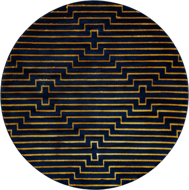 Navy Blue and Gold 7' 10 x 7' 10 Vogue Geo Round Area Rug Geometric Glam Style Shiny Accents Carpet Mat for Unique Interior Design & Home Decor for Sale at Rug Engine