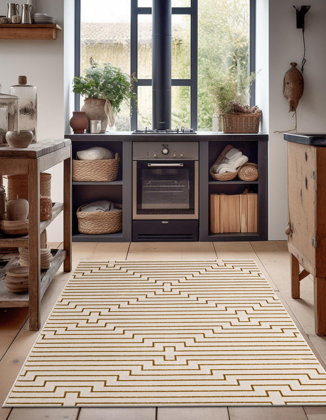 White and Gold 4' 1 x 6' 1 Vogue Geo Rectangle Area Rug Geometric Glam Style Shiny Accents Carpet Mat for Unique Interior Design & Home Decor for Sale at Rug Engine
