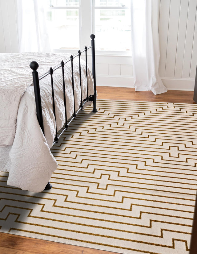 White and Gold 6' 1 x 9' Vogue Geo Rectangle Area Rug Geometric Glam Style Shiny Accents Carpet Mat for Unique Interior Design & Home Decor for Sale at Rug Engine