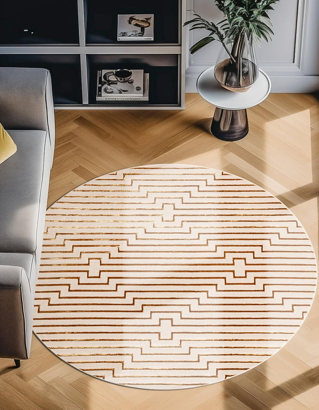 White and Gold 6' 1 x 6' 1 Vogue Geo Round Area Rug Geometric Glam Style Shiny Accents Carpet Mat for Unique Interior Design & Home Decor for Sale at Rug Engine