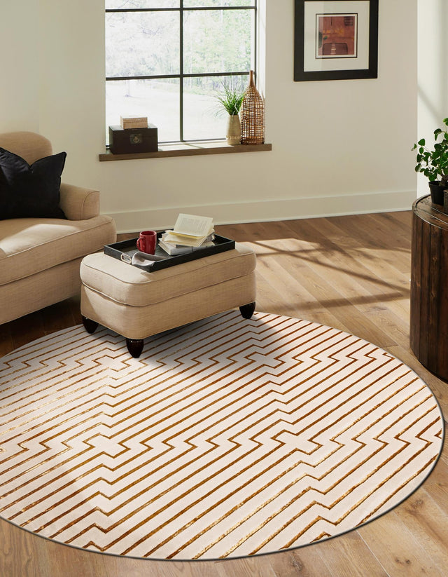 White and Gold 6' 1 x 6' 1 Vogue Geo Round Area Rug Geometric Glam Style Shiny Accents Carpet Mat for Unique Interior Design & Home Decor for Sale at Rug Engine
