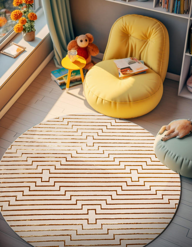 White and Gold 6' 1 x 6' 1 Vogue Geo Round Area Rug Geometric Glam Style Shiny Accents Carpet Mat for Unique Interior Design & Home Decor for Sale at Rug Engine
