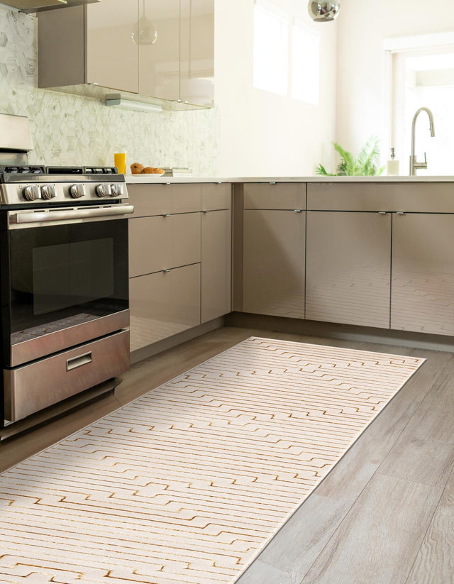 White and Gold 2' x 6' 1 Vogue Geo Runner Area Rug Geometric Glam Style Shiny Accents Carpet Mat for Unique Interior Design & Home Decor for Sale at Rug Engine