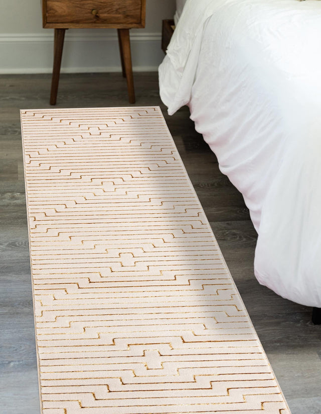 White and Gold 2' x 6' 1 Vogue Geo Runner Area Rug Geometric Glam Style Shiny Accents Carpet Mat for Unique Interior Design & Home Decor for Sale at Rug Engine