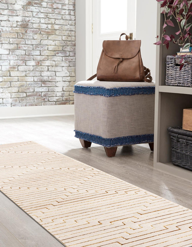 White and Gold 2' x 6' 1 Vogue Geo Runner Area Rug Geometric Glam Style Shiny Accents Carpet Mat for Unique Interior Design & Home Decor for Sale at Rug Engine