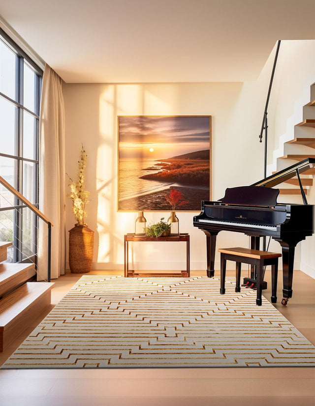 White and Gold 7' 10 x 7' 10 Vogue Geo Square Area Rug Geometric Glam Style Shiny Accents Carpet Mat for Unique Interior Design & Home Decor for Sale at Rug Engine