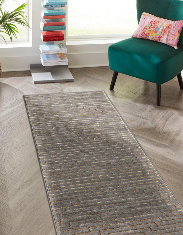 Gray and Gold 2' x 6' 1 Vogue Geo Runner Area Rug Geometric Glam Style Shiny Accents Carpet Mat for Unique Interior Design & Home Decor for Sale at Rug Engine