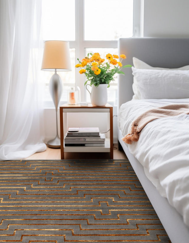 Gray and Gold 7' 10 x 7' 10 Vogue Geo Square Area Rug Geometric Glam Style Shiny Accents Carpet Mat for Unique Interior Design & Home Decor for Sale at Rug Engine