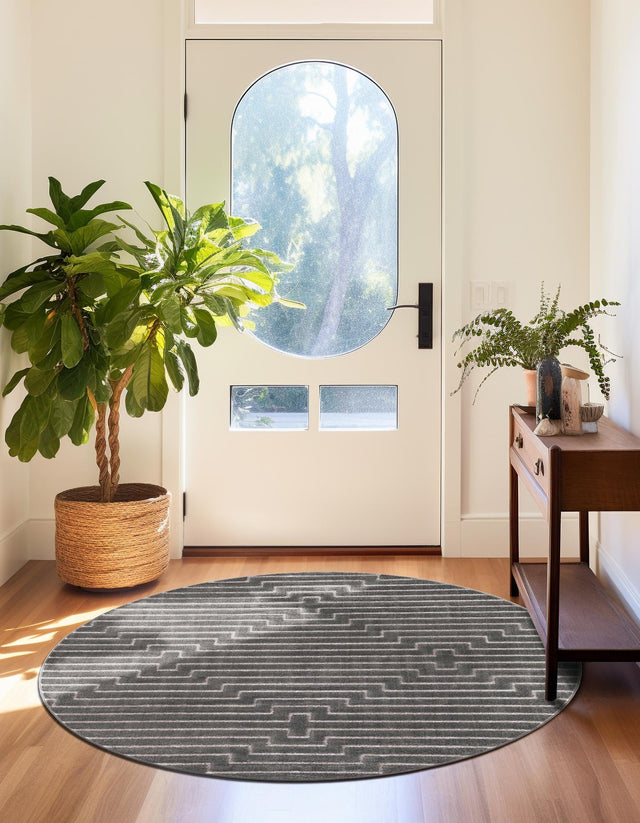 Gray and Silver 6' 1 x 6' 1 Vogue Geo Round Area Rug Geometric Glam Style Shiny Accents Carpet Mat for Unique Interior Design & Home Decor for Sale at Rug Engine