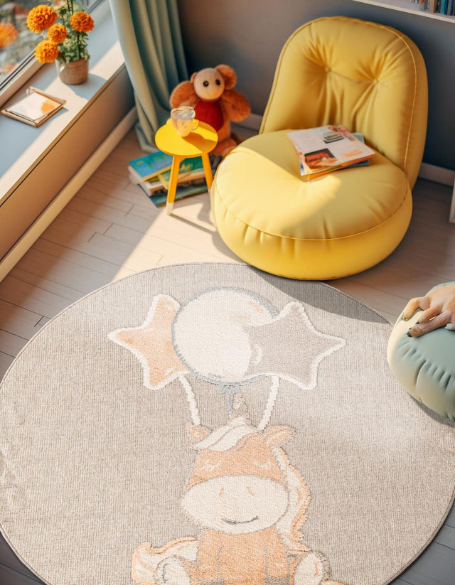 Peach Blossom 5' 1 x 5' 1 Whimsy Kids Round Area Rug for Baby Nursery, Toddler Playroom, Bedrooms Playful Fun Design Easy Clean Carpet for Sale at Rug Engine