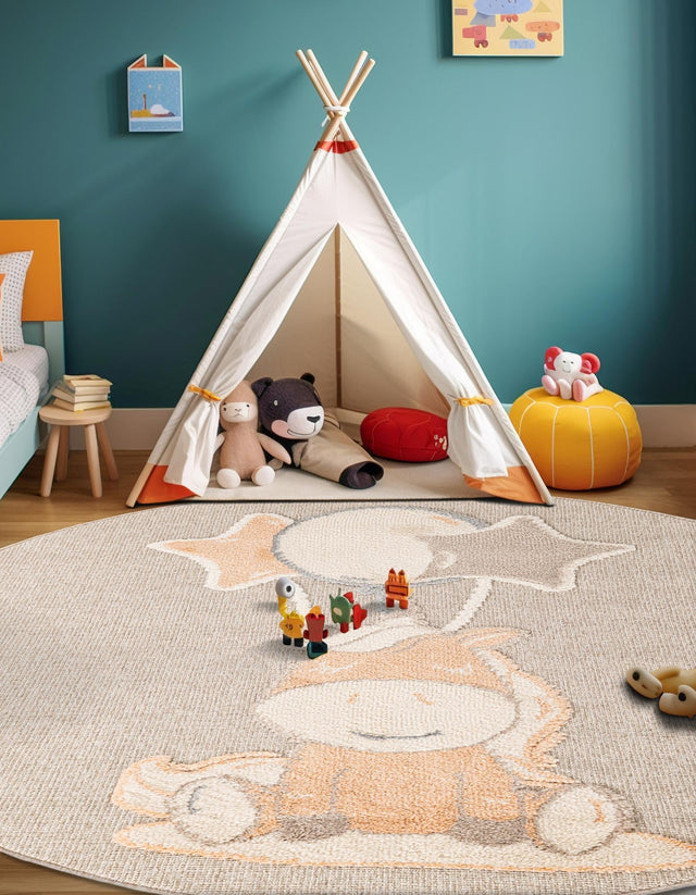 Peach Blossom 7' 1 x 7' 1 Whimsy Kids Round Area Rug for Baby Nursery, Toddler Playroom, Bedrooms Playful Fun Design Easy Clean Carpet for Sale at Rug Engine