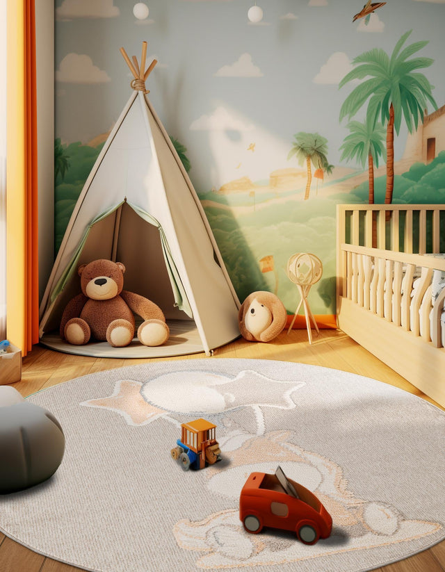 Peach Blossom 5' 1 x 5' 1 Whimsy Kids Round Area Rug for Baby Nursery, Toddler Playroom, Bedrooms Playful Fun Design Easy Clean Carpet for Sale at Rug Engine