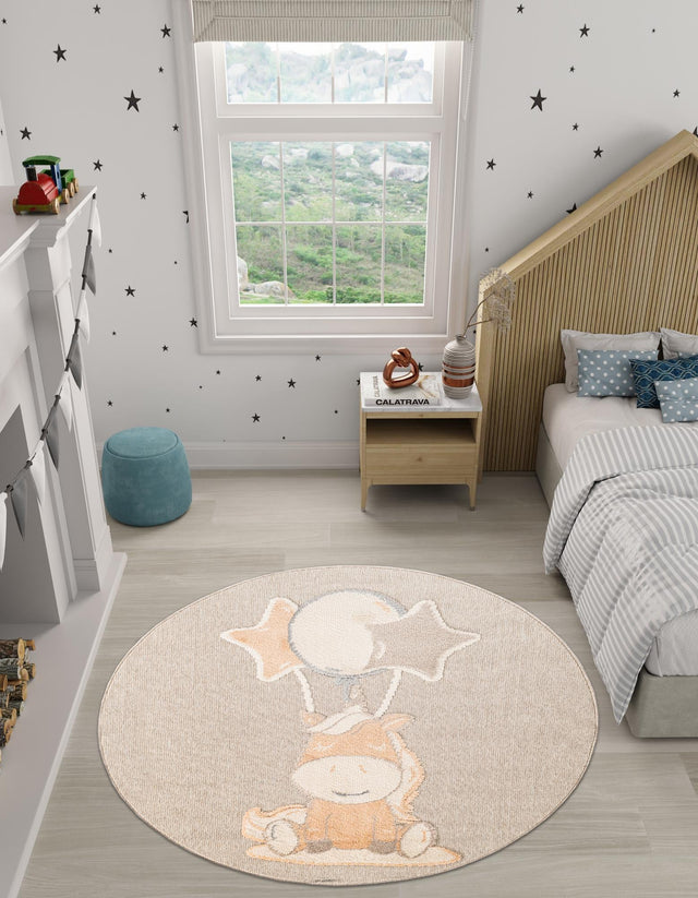 Peach Blossom 5' 1 x 5' 1 Whimsy Kids Round Area Rug for Baby Nursery, Toddler Playroom, Bedrooms Playful Fun Design Easy Clean Carpet for Sale at Rug Engine