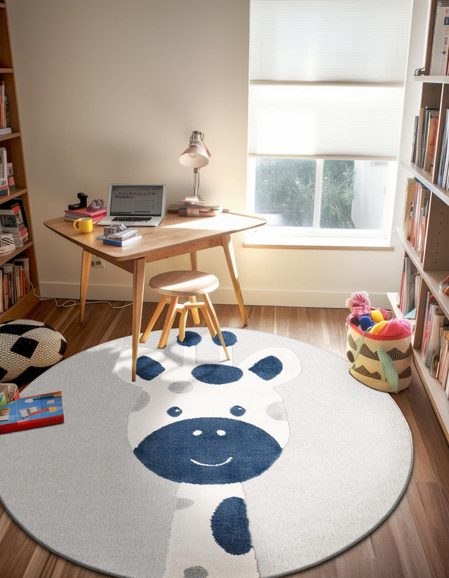 Gray 7' 1 x 7' 1 Whimsy Kids Round Area Rug for Baby Nursery, Toddler Playroom, Bedrooms Playful Fun Design Easy Clean Carpet for Sale at Rug Engine