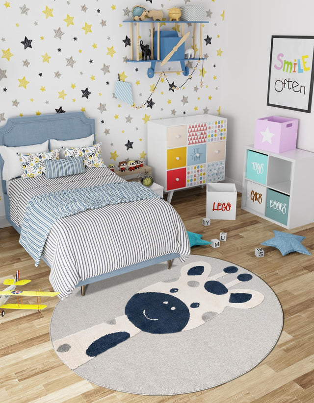 Gray 5' 1 x 5' 1 Whimsy Kids Round Area Rug for Baby Nursery, Toddler Playroom, Bedrooms
