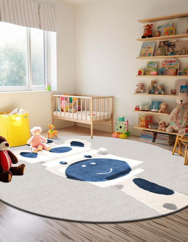 Gray 5' 1 x 5' 1 Whimsy Kids Round Area Rug for Baby Nursery, Toddler Playroom, Bedrooms