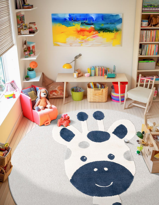 Gray 5' 1 x 5' 1 Whimsy Kids Round Area Rug for Baby Nursery, Toddler Playroom, Bedrooms