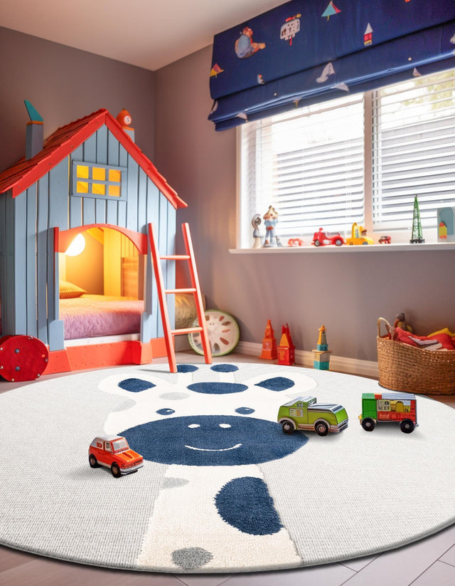 Gray 7' 1 x 7' 1 Whimsy Kids Round Area Rug for Baby Nursery, Toddler Playroom, Bedrooms Playful Fun Design Easy Clean Carpet for Sale at Rug Engine