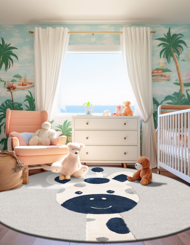 Gray 7' 1 x 7' 1 Whimsy Kids Round Area Rug for Baby Nursery, Toddler Playroom, Bedrooms Playful Fun Design Easy Clean Carpet for Sale at Rug Engine