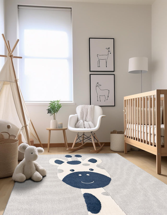 Gray 7' 10 x 7' 10 Whimsy Kids Square Area Rug for Baby Nursery, Toddler Playroom, Bedrooms
