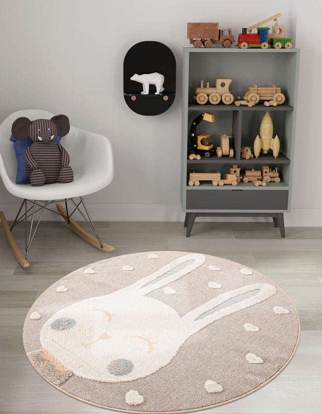 Peach Blossom 5' 1 x 5' 1 Whimsy Kids Round Area Rug for Baby Nursery, Toddler Playroom, Bedrooms Playful Fun Design Easy Clean Carpet for Sale at Rug Engine