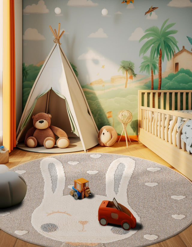 Peach Blossom 3' 1 x 3' 1 Whimsy Kids Round Area Rug for Baby Nursery, Toddler Playroom, Bedrooms Playful Fun Design Easy Clean Carpet for Sale at Rug Engine