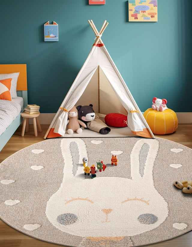 Peach Blossom 7' 1 x 7' 1 Whimsy Kids Round Area Rug for Baby Nursery, Toddler Playroom, Bedrooms Playful Fun Design Easy Clean Carpet for Sale at Rug Engine