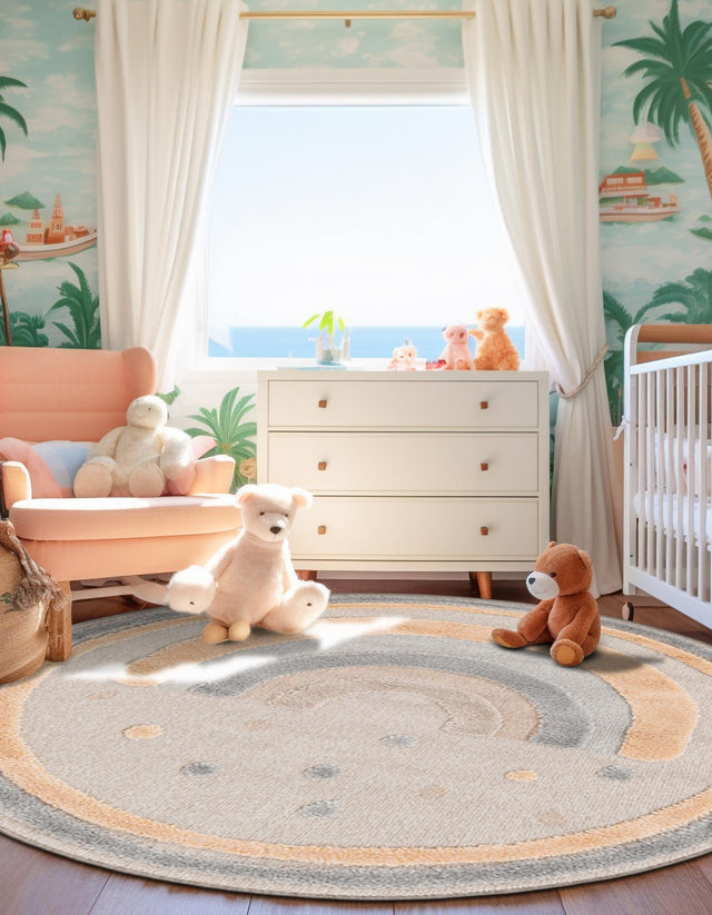 Multicolor 7' 1 x 7' 1 Whimsy Kids Round Area Rug for Baby Nursery, Toddler Playroom, Bedrooms Playful Fun Design Easy Clean Carpet for Sale at Rug Engine