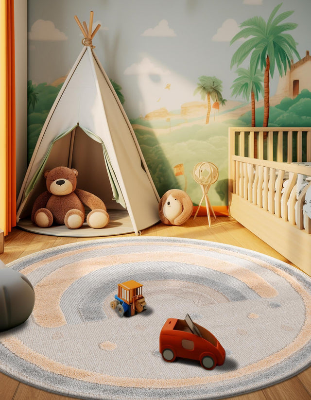 Multicolor 7' 1 x 7' 1 Whimsy Kids Round Area Rug for Baby Nursery, Toddler Playroom, Bedrooms Playful Fun Design Easy Clean Carpet for Sale at Rug Engine
