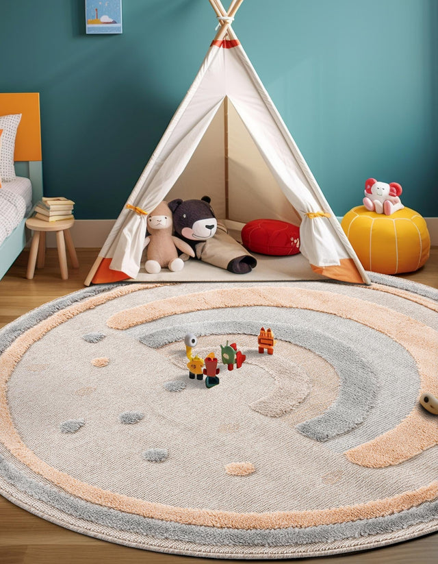 Multicolor 3' 1 x 3' 1 Whimsy Kids Round Area Rug for Baby Nursery, Toddler Playroom, Bedrooms Playful Fun Design Easy Clean Carpet for Sale at Rug Engine