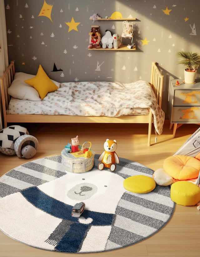 Gray 3' 1 x 3' 1 Whimsy Kids Round Area Rug for Baby Nursery, Toddler Playroom, Bedrooms Playful Fun Design Easy Clean Carpet for Sale at Rug Engine