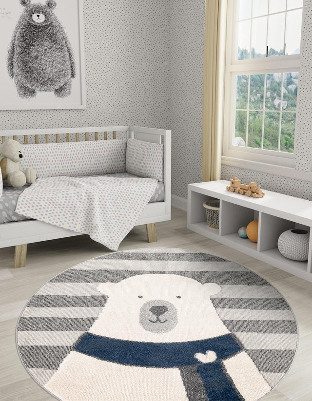 Gray 3' 1 x 3' 1 Whimsy Kids Round Area Rug for Baby Nursery, Toddler Playroom, Bedrooms Playful Fun Design Easy Clean Carpet for Sale at Rug Engine