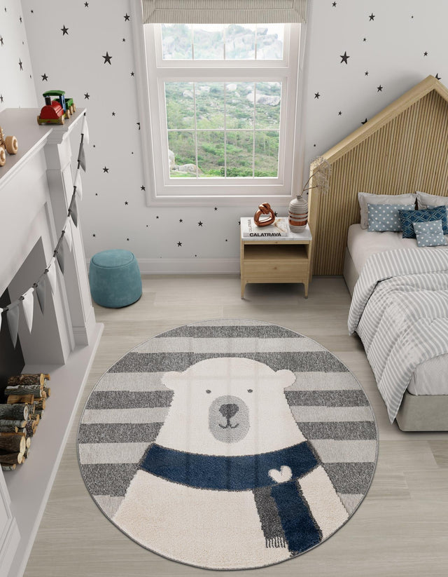 Gray 3' 1 x 3' 1 Whimsy Kids Round Area Rug for Baby Nursery, Toddler Playroom, Bedrooms Playful Fun Design Easy Clean Carpet for Sale at Rug Engine