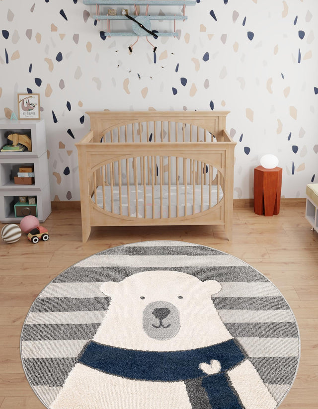 Gray 3' 1 x 3' 1 Whimsy Kids Round Area Rug for Baby Nursery, Toddler Playroom, Bedrooms Playful Fun Design Easy Clean Carpet for Sale at Rug Engine