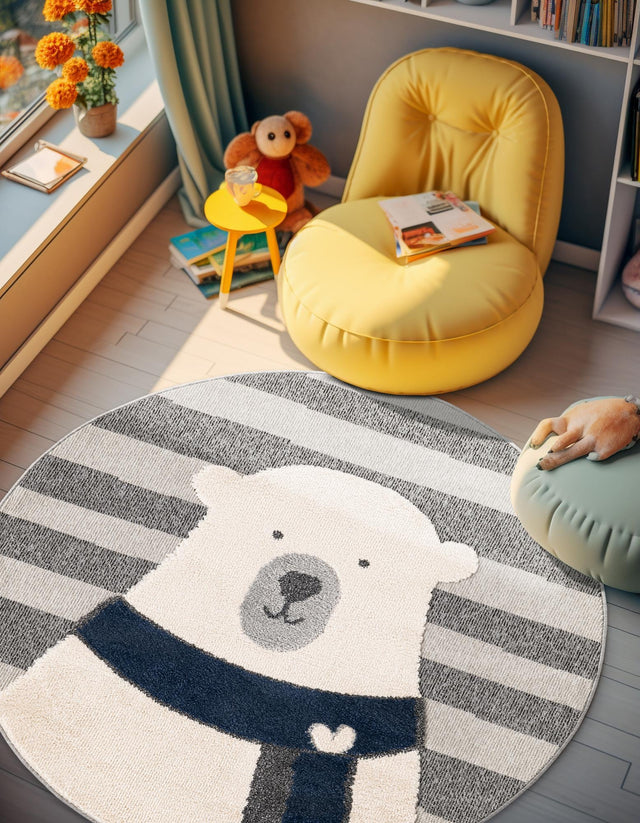 Gray 3' 1 x 3' 1 Whimsy Kids Round Area Rug for Baby Nursery, Toddler Playroom, Bedrooms Playful Fun Design Easy Clean Carpet for Sale at Rug Engine